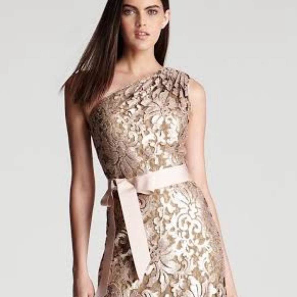 Tadashi Shoji $328 Champagne Sequined One Shoulder Knee Length Dress 12 - Picture 3 of 13